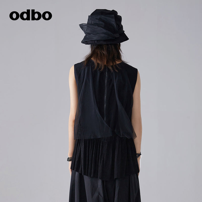 odbo 網紗 拼接 黑色背心 女 夏2022新款 透氣 百搭上衣