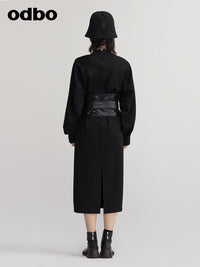 【商場同款】odbo/歐迪比歐長袖連衣裙女早秋2022新款黑色中長裙