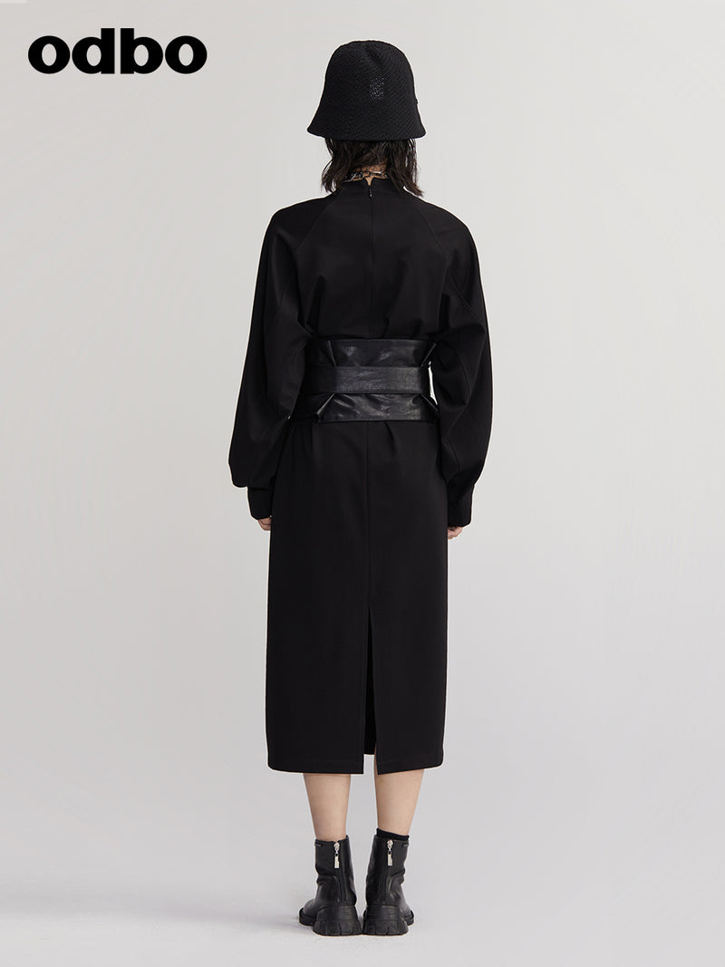 【商場同款】odbo/歐迪比歐長袖連衣裙女早秋2022新款黑色中長裙