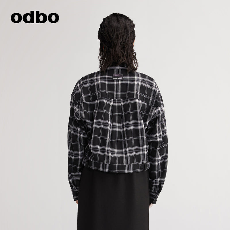 【商場同款】odbo/歐迪比歐格子短外套女秋冬2022年新款襯衫上衣