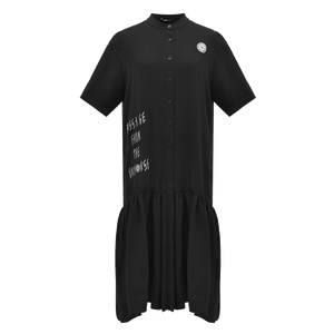 Odbo 刺繡字母襯衫式荷葉邊連衣裙女早秋新款氣質顯瘦黑色短袖潮