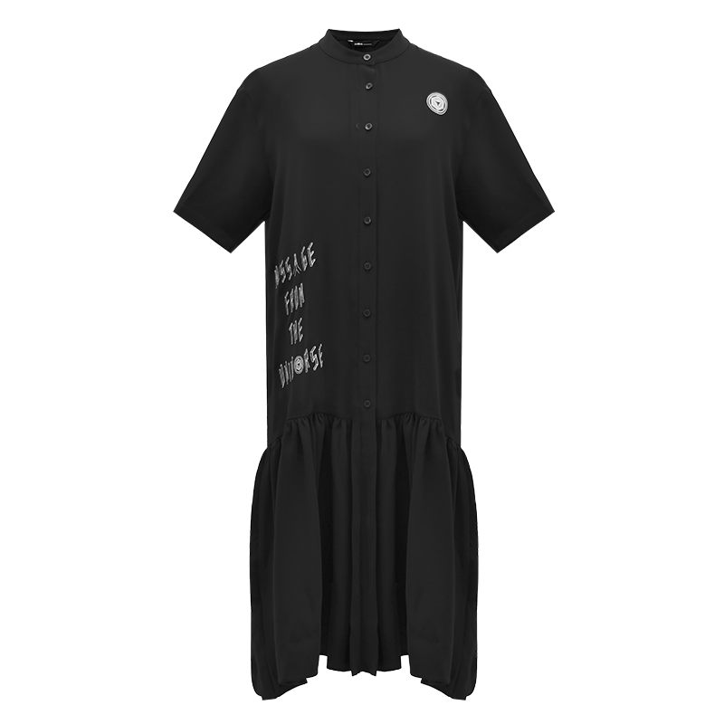 Odbo 刺繡字母襯衫式荷葉邊連衣裙女早秋新款氣質顯瘦黑色短袖潮