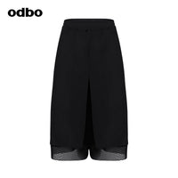 Odbo網紗拼接闊腿褲女秋冬2022新款寬鬆高腰垂感黑色休閒褲子女