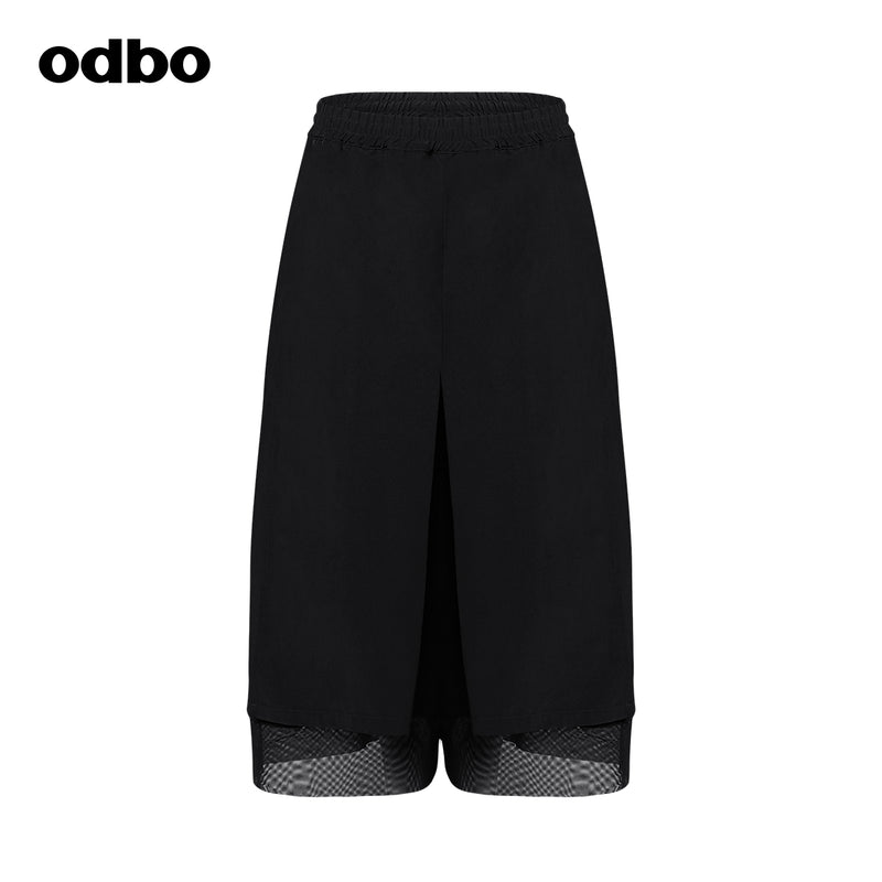 Odbo網紗拼接闊腿褲女秋冬2022新款寬鬆高腰垂感黑色休閒褲子女