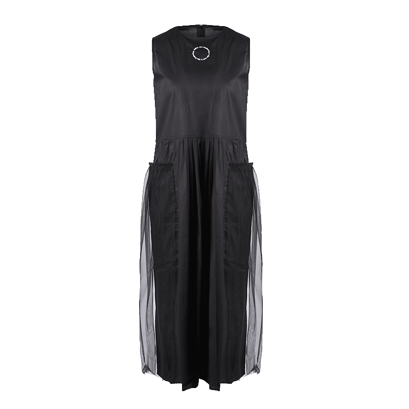 Odboa字減齡無袖連衣裙女夏新款拼接網紗黑色別緻設計感氣質顯瘦