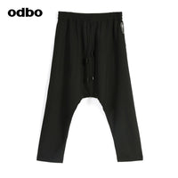 Odbo鬆緊高腰抽繩運動七分哈倫褲女春夏黑色百搭寬鬆顯瘦吊襠褲