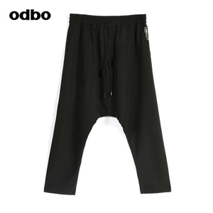 Odbo鬆緊高腰抽繩運動七分哈倫褲女春夏黑色百搭寬鬆顯瘦吊襠褲