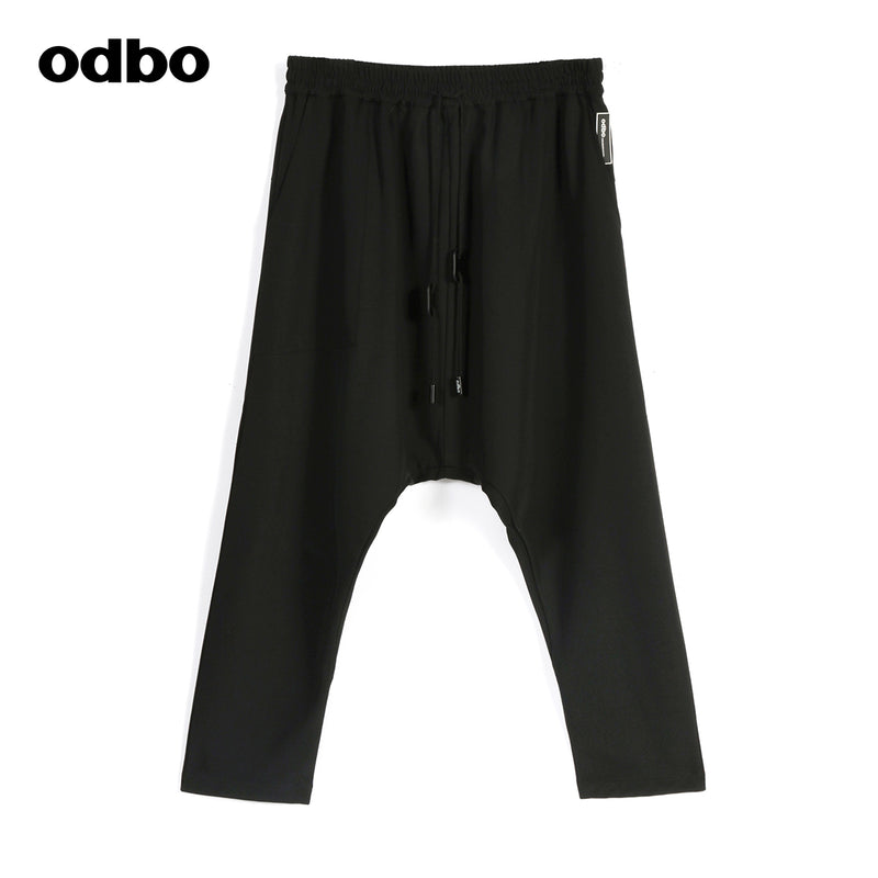 Odbo鬆緊高腰抽繩運動七分哈倫褲女春夏黑色百搭寬鬆顯瘦吊襠褲