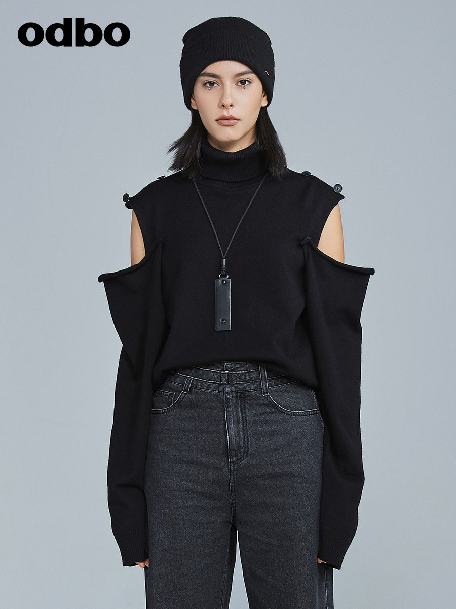 Odbo軟軟糯糯露肩高領毛衣2022年新款女冬季新品洋氣黑色針織衫