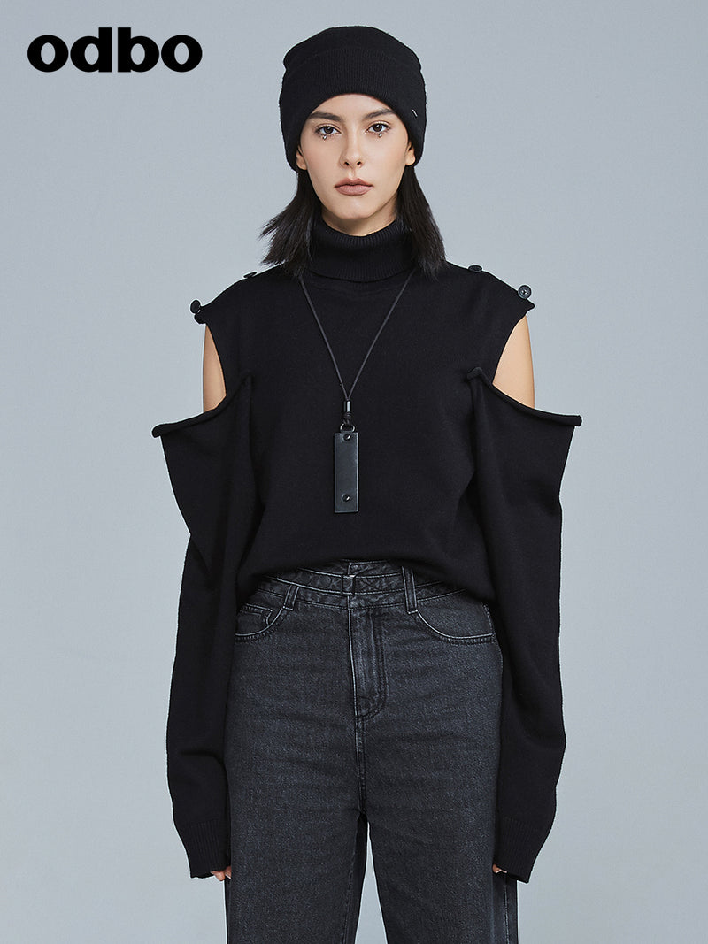 Odbo軟軟糯糯露肩高領毛衣2022年新款女冬季新品洋氣黑色針織衫