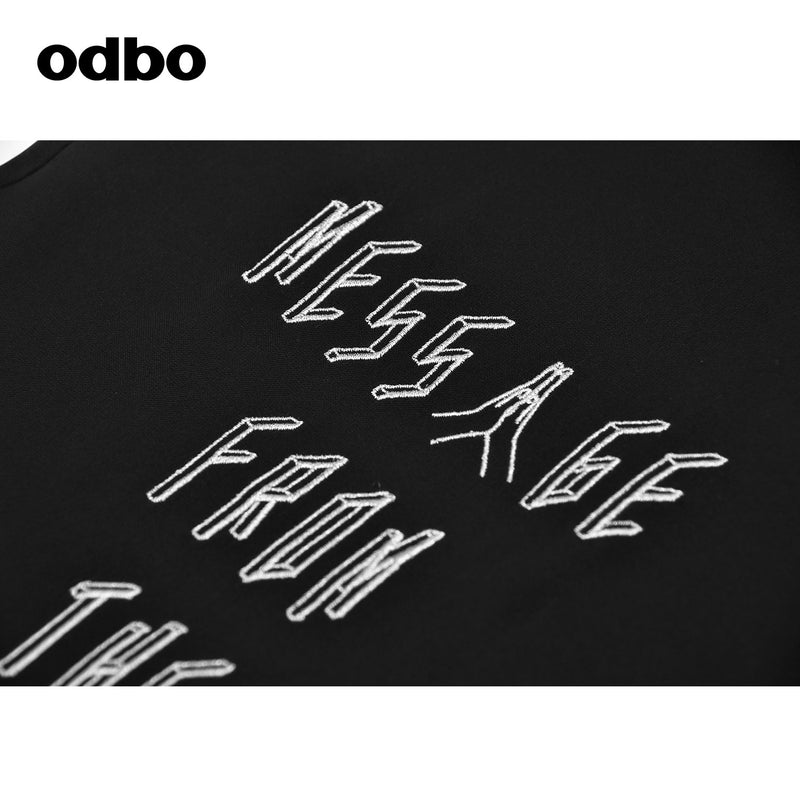 Odbo 刺繡字母襯衫式荷葉邊連衣裙女早秋新款氣質顯瘦黑色短袖潮