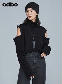 Odbo軟軟糯糯露肩高領毛衣2022年新款女冬季新品洋氣黑色針織衫