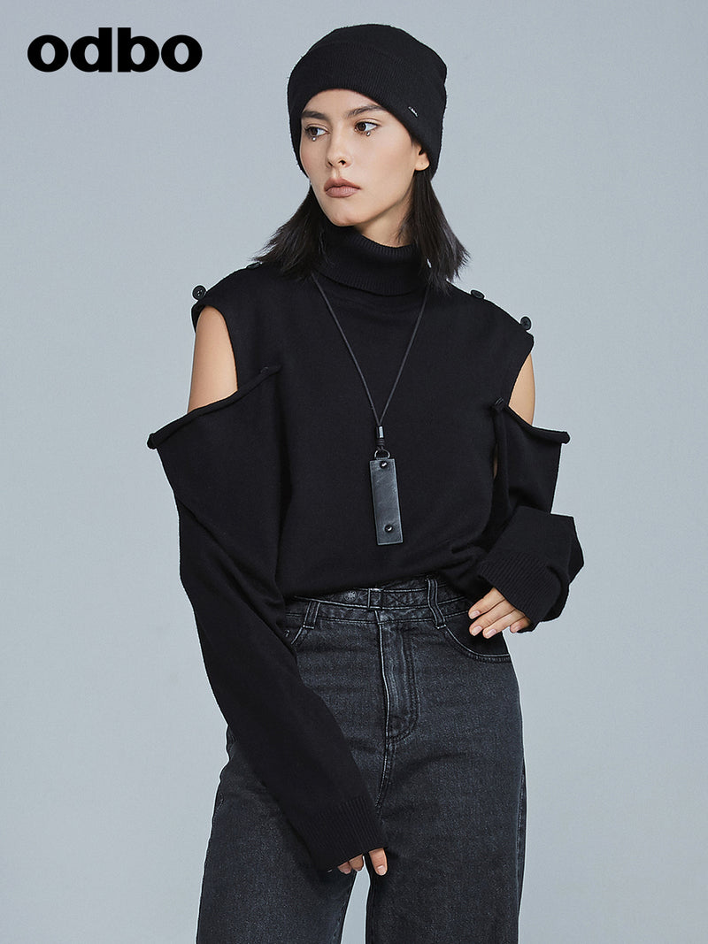 Odbo軟軟糯糯露肩高領毛衣2022年新款女冬季新品洋氣黑色針織衫