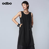 Odbo小眾假兩件連體褲女夏薄款亞麻時尚百搭黑色寬鬆闊腿七分褲