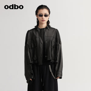 【商場同款】odbo/歐迪比歐綿羊皮衣外套女2022年新款機車夾克潮