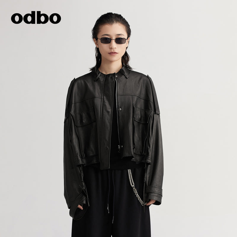 【商場同款】odbo/歐迪比歐綿羊皮衣外套女2022年新款機車夾克潮