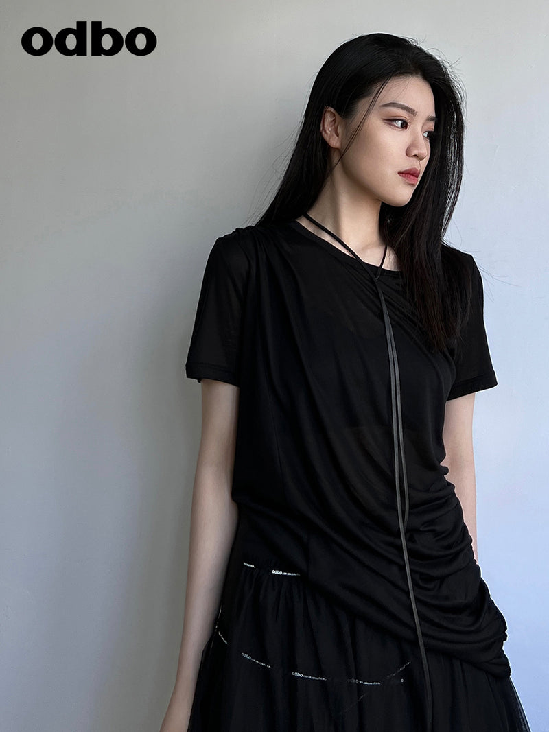 odbo 夏季2022年新款时尚短袖t恤女设计感小众抽褶显瘦百搭上衣潮