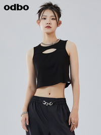 odbo 甜辣外穿设计感短款背心女款夏2022显瘦露脐黑色无袖上衣潮