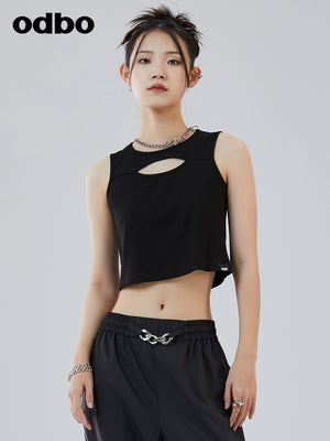 odbo 甜辣外穿设计感短款背心女款夏2022显瘦露脐黑色无袖上衣潮