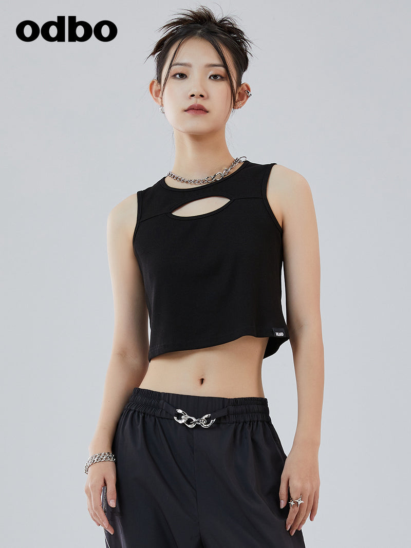 odbo 甜辣外穿设计感短款背心女款夏2022显瘦露脐黑色无袖上衣潮