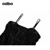 Odbo早秋2022年新款女時尚黑色吊帶連衣裙中長款顯瘦高腰內搭裙子