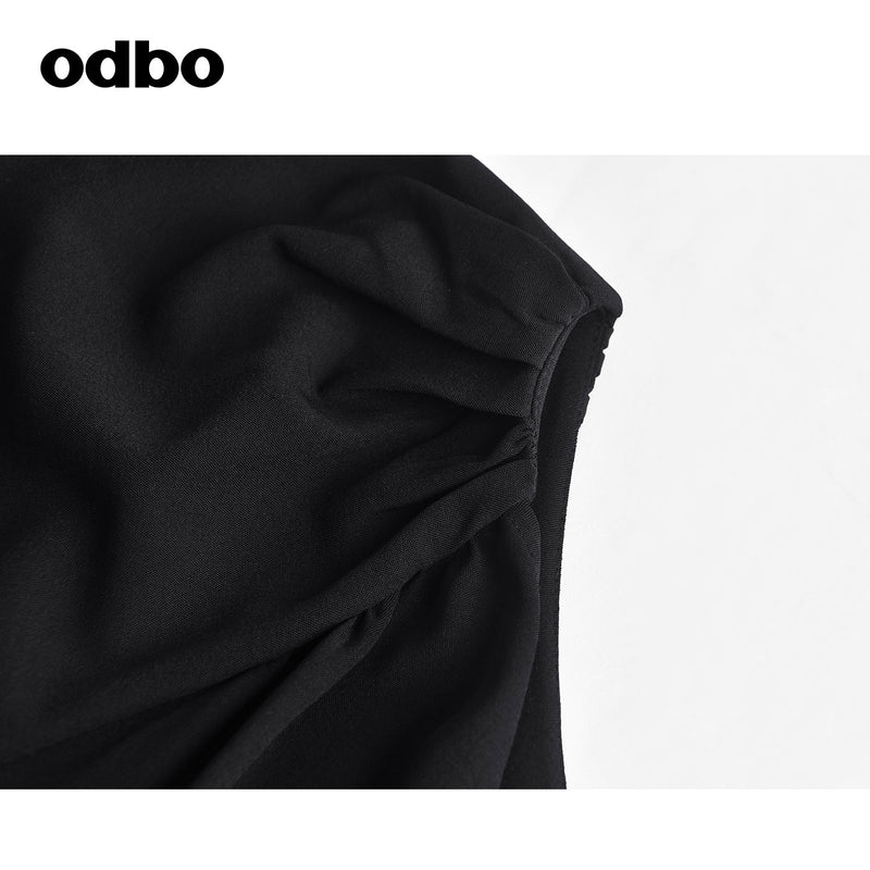 Odbo輕熟風黑色前後兩穿v領連衣裙女夏季2022年新款氣質顯瘦小眾