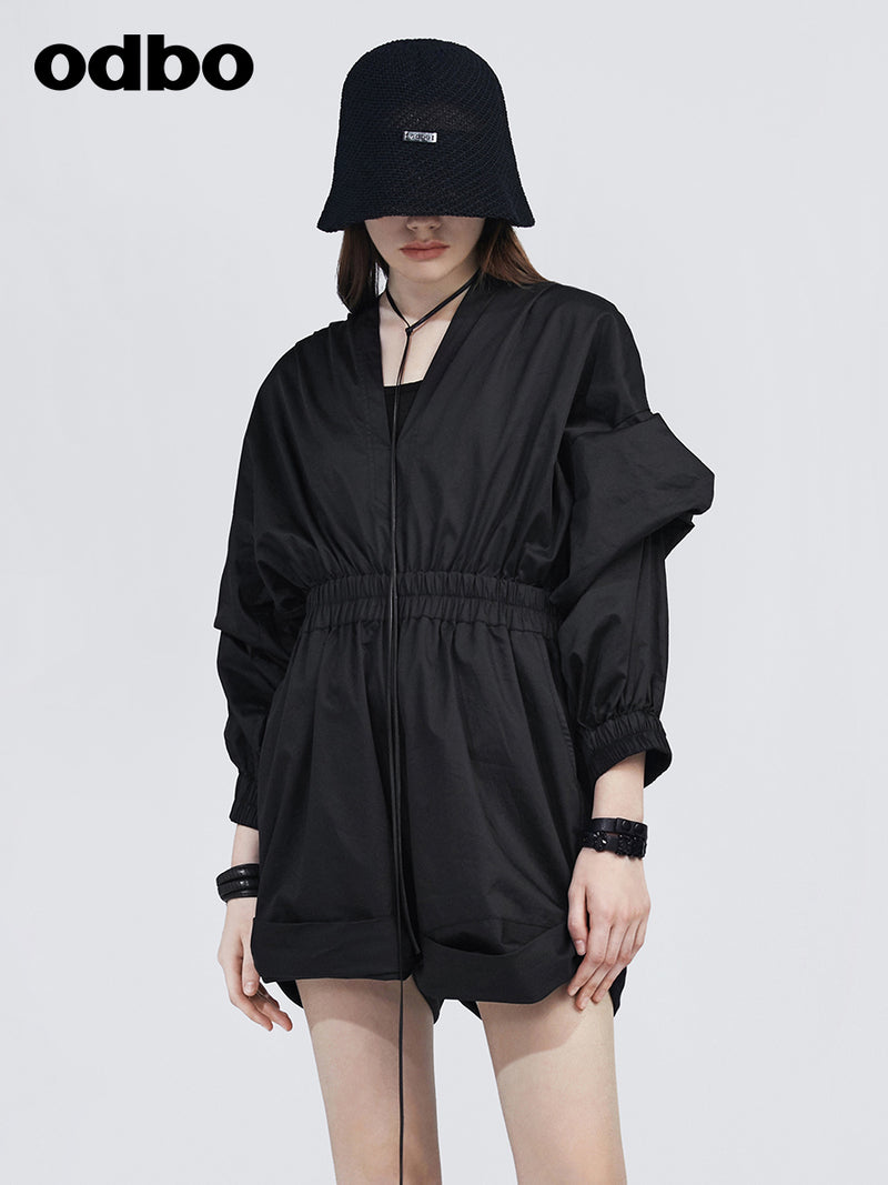 Odbo泡泡袖收腰連體褲女2022年新款春夏季黑色百搭休閒短褲潮牌