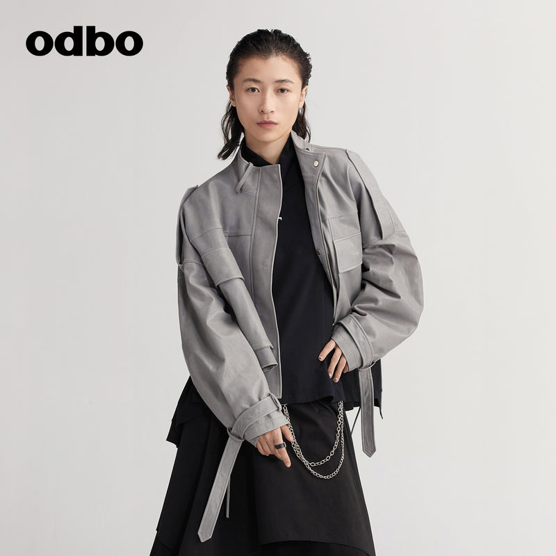 【商場同款】odbo/歐迪比歐綿羊皮衣外套女2022年新款機車夾克潮