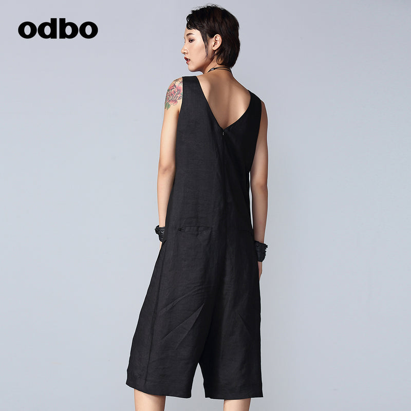 Odbo小眾假兩件連體褲女夏薄款亞麻時尚百搭黑色寬鬆闊腿七分褲