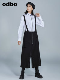 Odbo原創設計潮牌背帶褲女2022年秋冬新款寬鬆顯瘦開叉兩穿裙褲