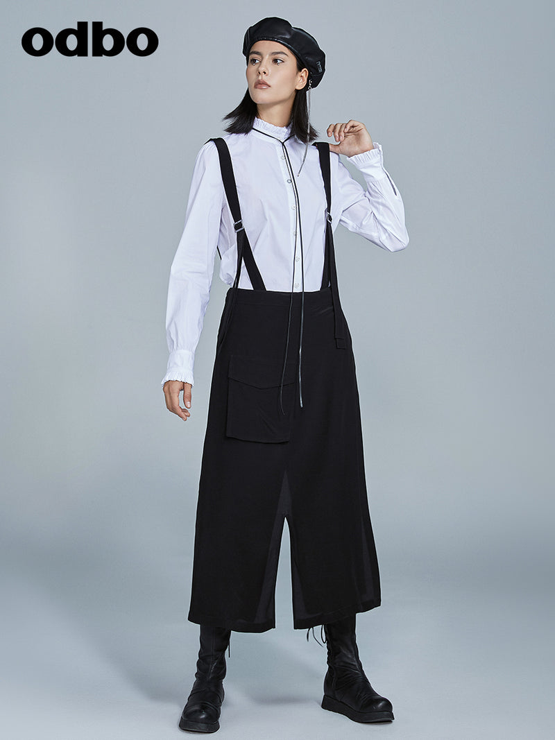 Odbo原創設計潮牌背帶褲女2022年秋冬新款寬鬆顯瘦開叉兩穿裙褲
