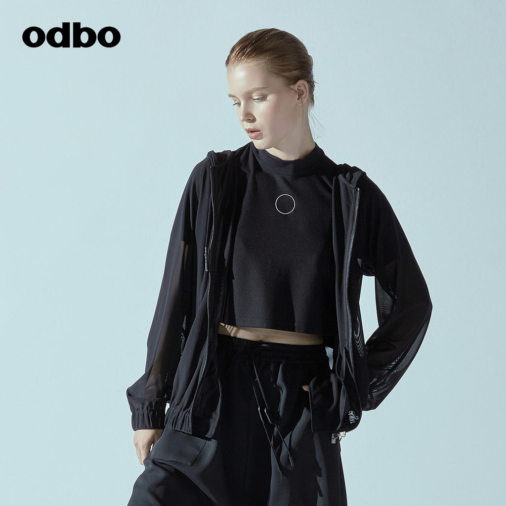 Odbo網紗連帽運動休閒外套女潮夏季薄款防紫外線透氣長袖防曬衫