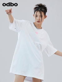 Odbo 休閒氣質印花白色連衣裙女夏季2022年新款舒適純棉針織裙子