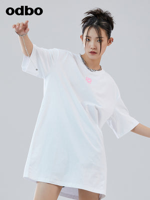 Odbo 休閒氣質印花白色連衣裙女夏季2022年新款舒適純棉針織裙子