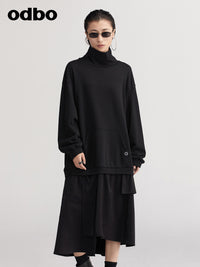 【商場同款】odbo/歐迪比歐春裝2022新款假兩件高領黑色連衣裙子
