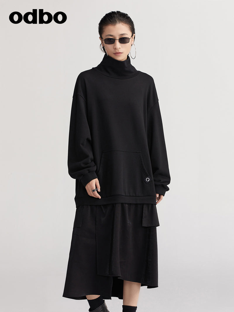 【商場同款】odbo/歐迪比歐春裝2022新款假兩件高領黑色連衣裙子