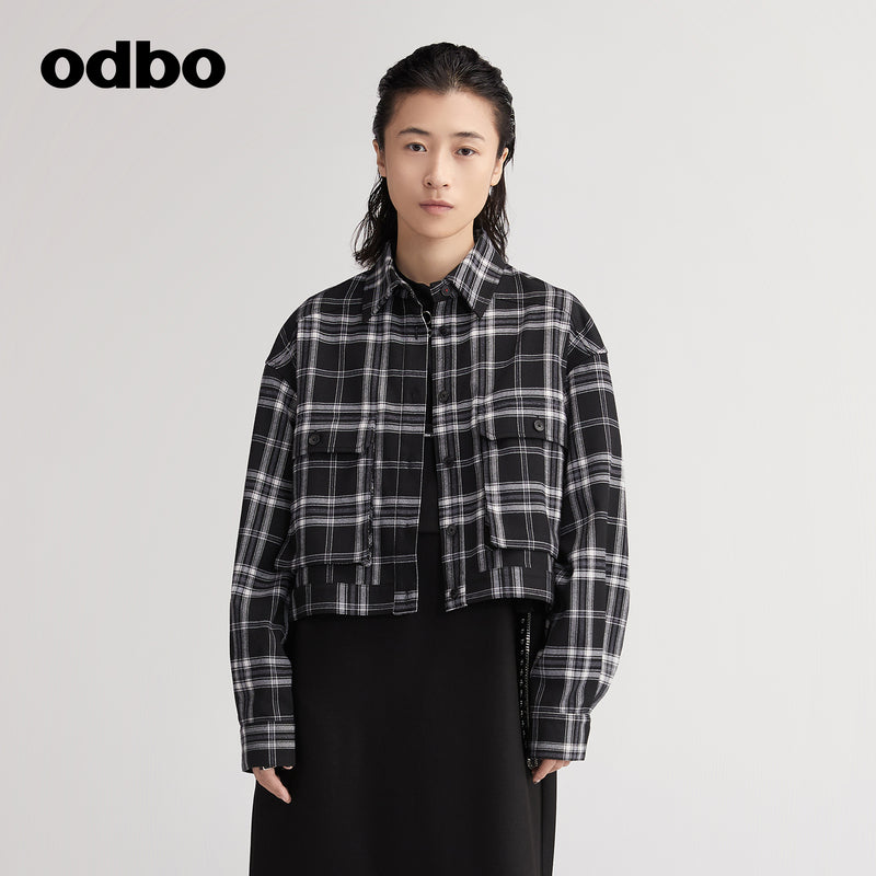 【商場同款】odbo/歐迪比歐格子短外套女秋冬2022年新款襯衫上衣