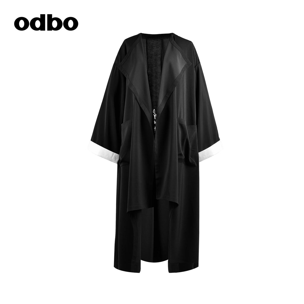 Odbo設計感小眾不規則開衫外套女早秋中長款氣質百搭寬鬆黑色潮
