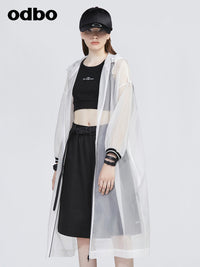 Odbo連帽中長款防曬衣女2022年春夏新款透氣百搭長袖網紗薄外套