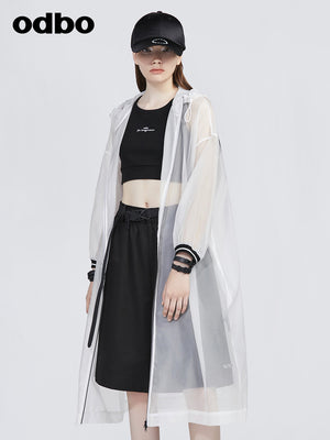 Odbo連帽中長款防曬衣女2022年春夏新款透氣百搭長袖網紗薄外套