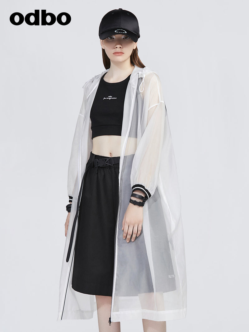 Odbo連帽中長款防曬衣女2022年春夏新款透氣百搭長袖網紗薄外套