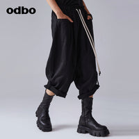 odbo抽繩 收腰 黑色休閒褲 女 七分 闊腿工裝褲