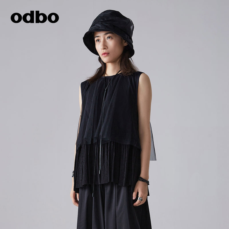odbo 網紗 拼接 黑色背心 女 夏2022新款 透氣 百搭上衣