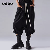 odbo抽繩 收腰 黑色休閒褲 女 七分 闊腿工裝褲