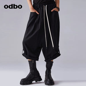 odbo抽繩 收腰 黑色休閒褲 女 七分 闊腿工裝褲