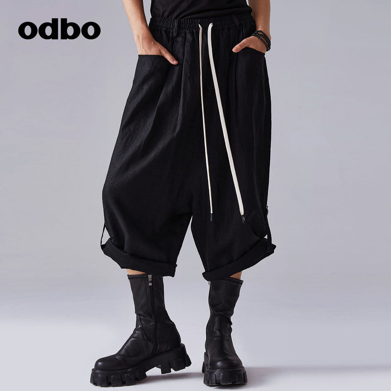 odbo抽繩 收腰 黑色休閒褲 女 七分 闊腿工裝褲
