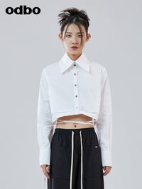 Odbo 時尚設計感小眾系帶白色長袖襯衫女夏季2022年新款短款上衣