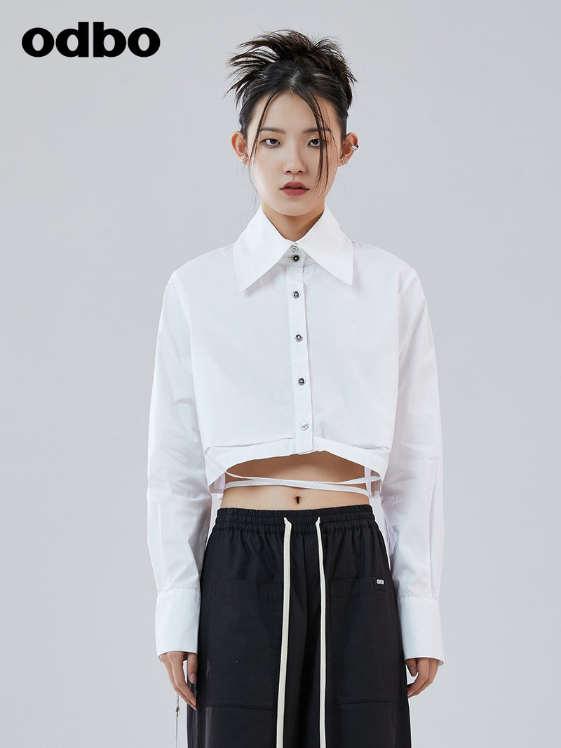 Odbo 時尚設計感小眾系帶白色長袖襯衫女夏季2022年新款短款上衣