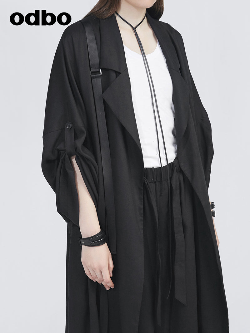 Odbo暗黑系氣質長外套女春秋2022年新款廓形垂墜感寬鬆百搭風衣