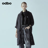 odbo 原創設計 中長款 工裝連帽外套 女2022新款 印花抽身收腰風衣